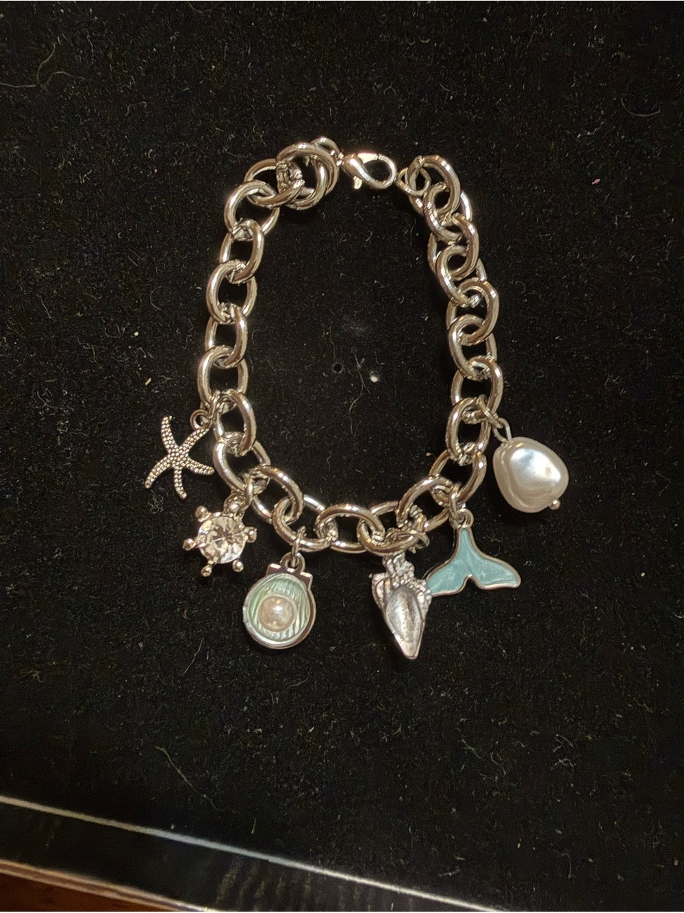 Silver Sea Charm Bracelet with Pearl and Blue Tail Charm
